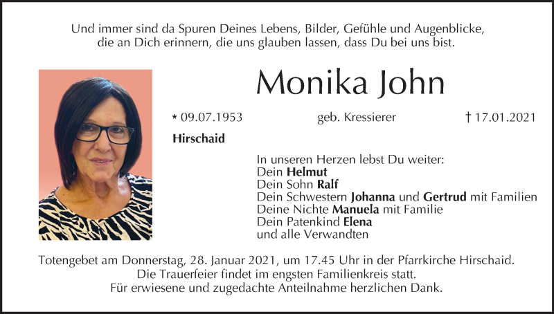  Traueranzeige für Monika John vom 23.01.2021 aus MGO