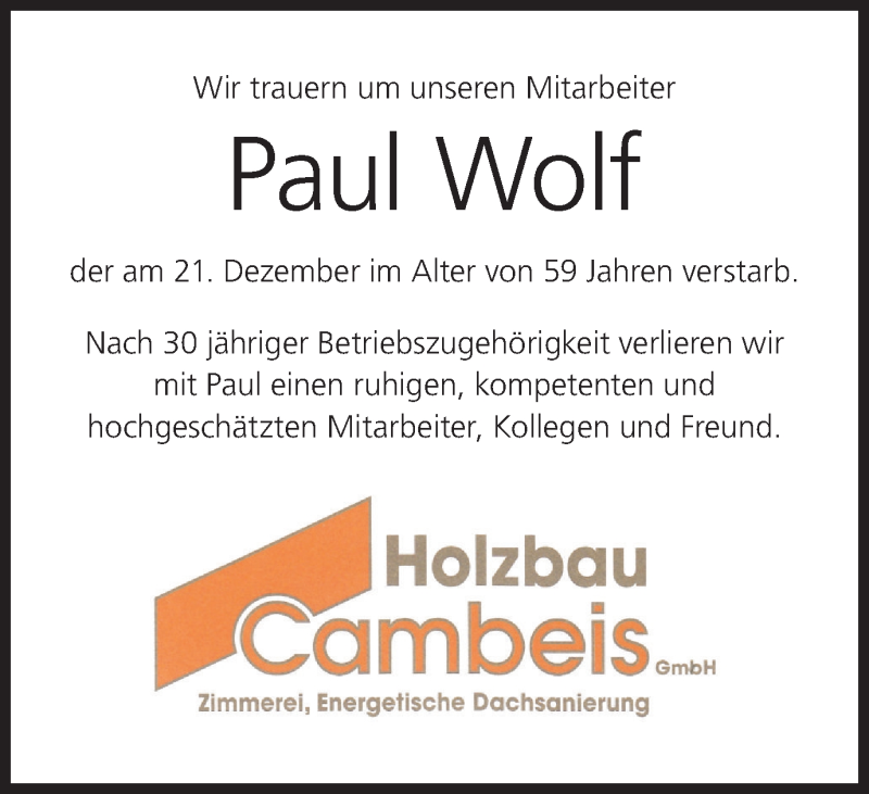  Traueranzeige für Paul Wolf vom 16.01.2021 aus MGO