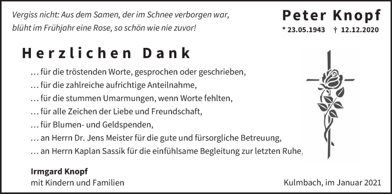  Traueranzeige für Peter Knopf vom 16.01.2021 aus MGO