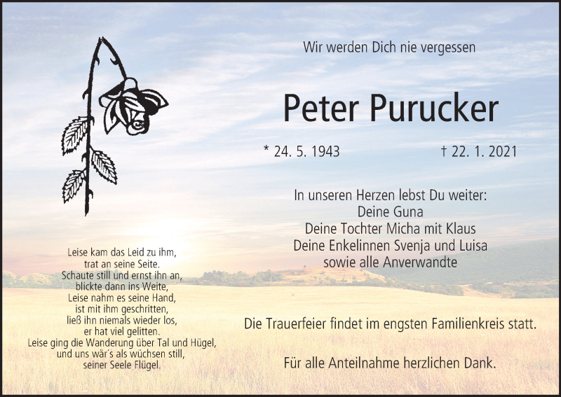  Traueranzeige für Peter Purucker vom 30.01.2021 aus MGO