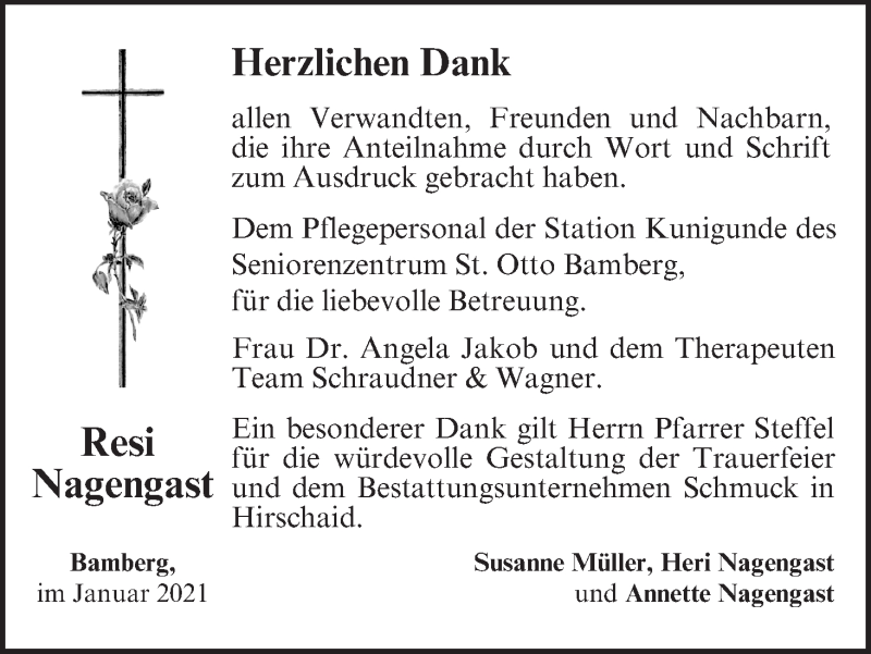  Traueranzeige für Resi Nagengast vom 09.01.2021 aus MGO