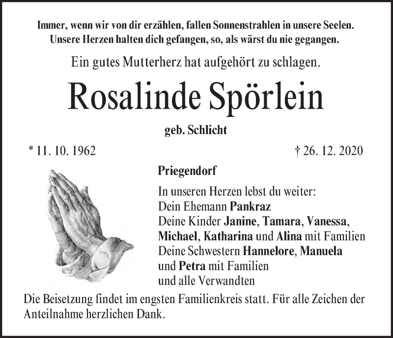  Traueranzeige für Rosalinde Spörlein vom 02.01.2021 aus MGO