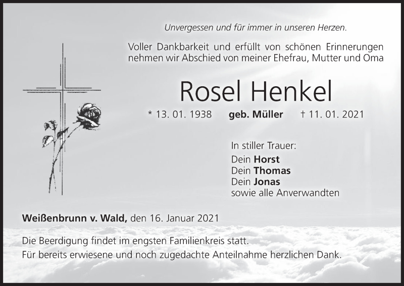  Traueranzeige für Rosel Henkel vom 16.01.2021 aus MGO
