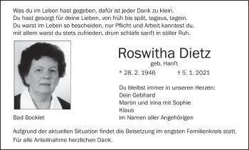 Anzeige von Roswitha Dietz von MGO