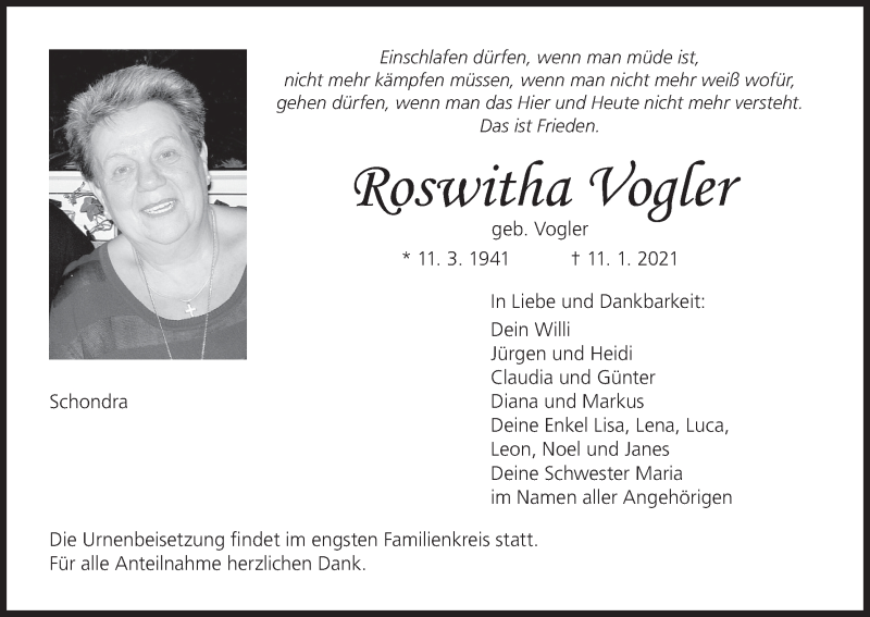  Traueranzeige für Roswitha Vogler vom 16.01.2021 aus MGO