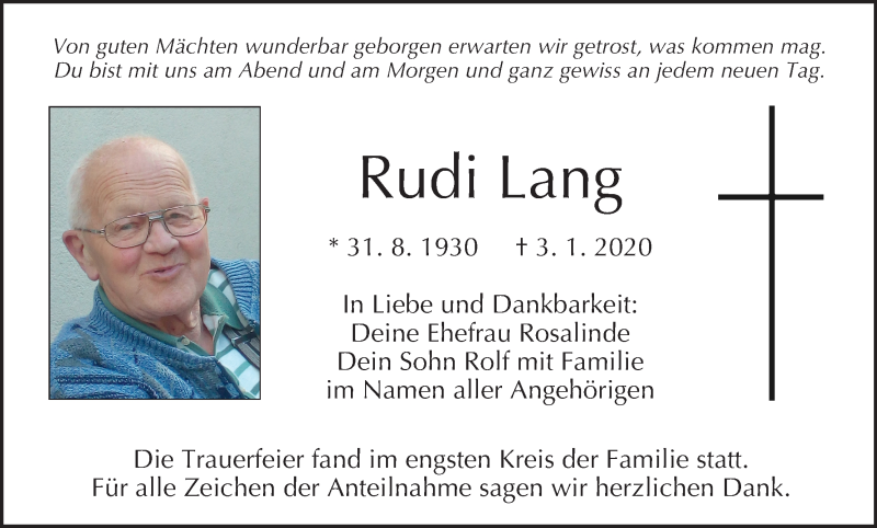  Traueranzeige für Rudi Lang vom 09.01.2021 aus MGO