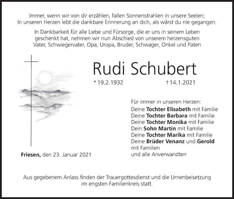  Traueranzeige für Rudi Schubert vom 23.01.2021 aus MGO