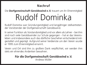 Anzeige von Rudolf Dominka von MGO