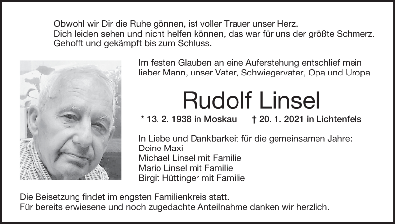  Traueranzeige für Rudolf Linsel vom 23.01.2021 aus MGO