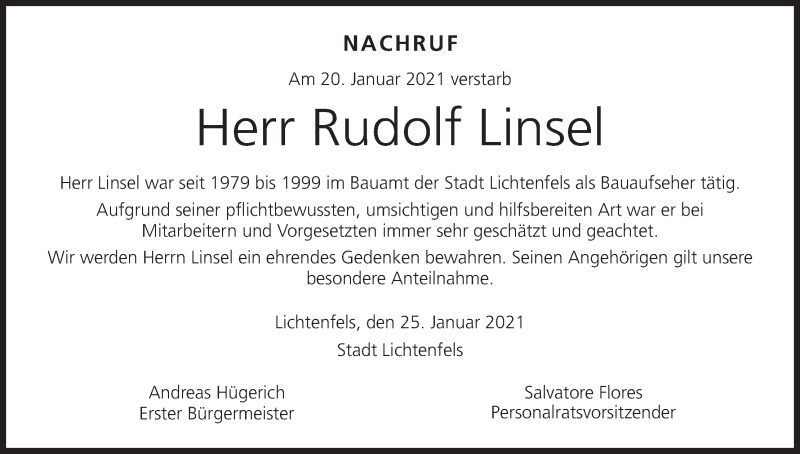  Traueranzeige für Rudolf Linsel vom 27.01.2021 aus MGO