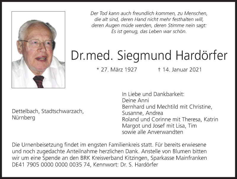  Traueranzeige für Siegmund Hardörfer vom 23.01.2021 aus MGO