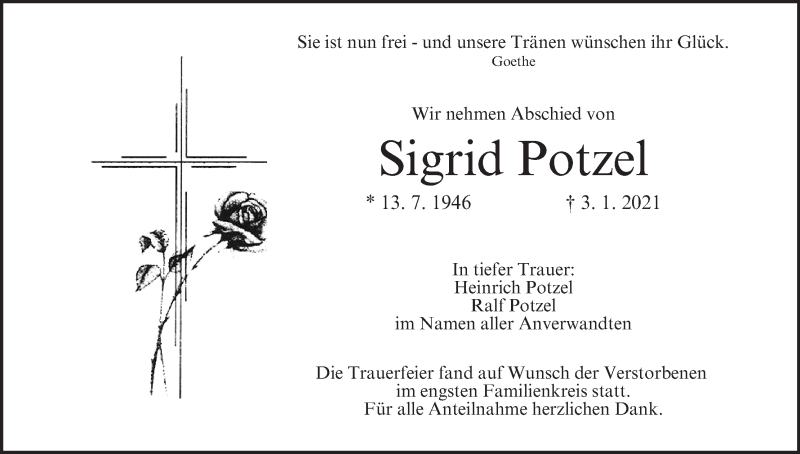  Traueranzeige für Sigrid Potzel vom 09.01.2021 aus MGO