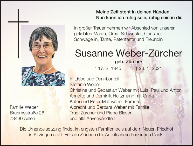  Traueranzeige für Susanne Weber-Zürcher vom 30.01.2021 aus MGO