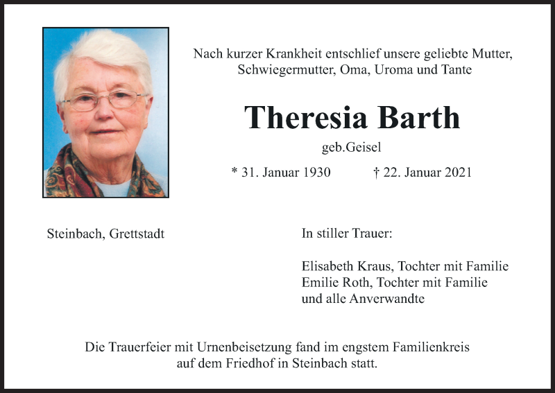  Traueranzeige für Theresia Barth vom 30.01.2021 aus MGO
