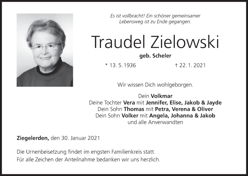  Traueranzeige für Traudel Zielowski vom 30.01.2021 aus MGO