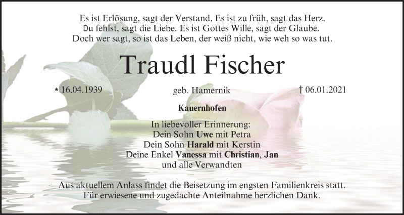  Traueranzeige für Traudl Fischer vom 09.01.2021 aus MGO
