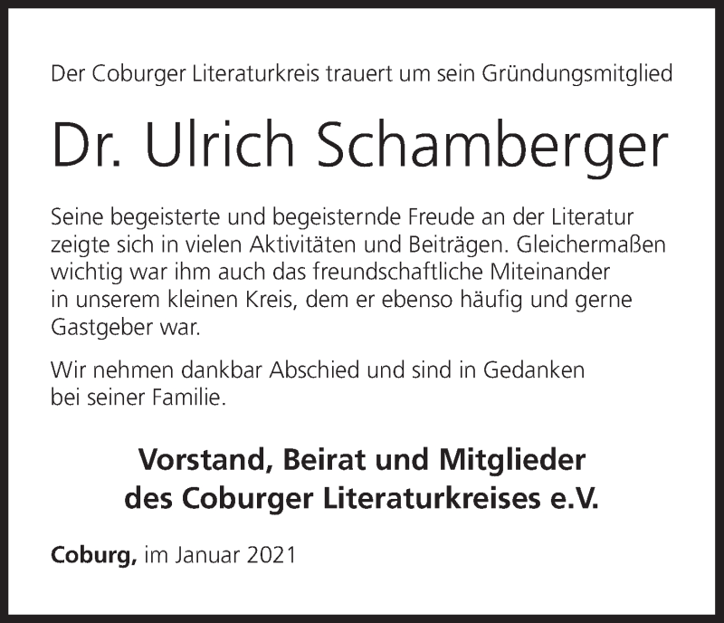  Traueranzeige für Ulrich Schamberger vom 08.01.2021 aus MGO