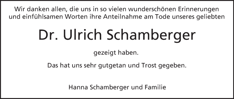  Traueranzeige für Ulrich Schamberger vom 09.01.2021 aus MGO