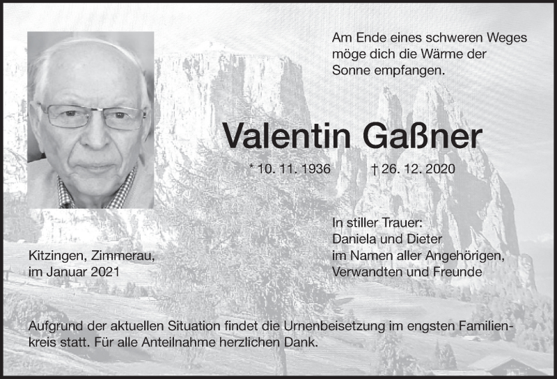  Traueranzeige für Valentin Gaßner vom 09.01.2021 aus MGO