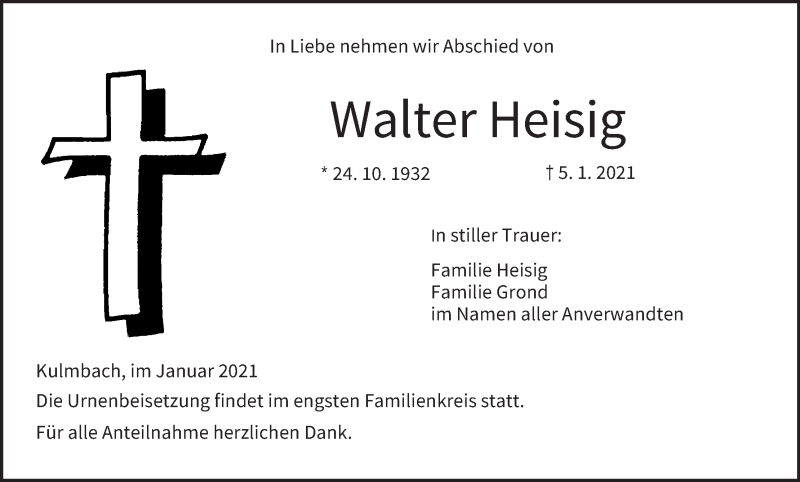  Traueranzeige für Walter Heisig vom 12.01.2021 aus MGO