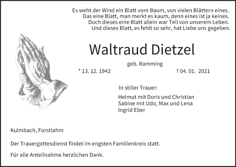  Traueranzeige für Waltraud Dietzel vom 09.01.2021 aus MGO
