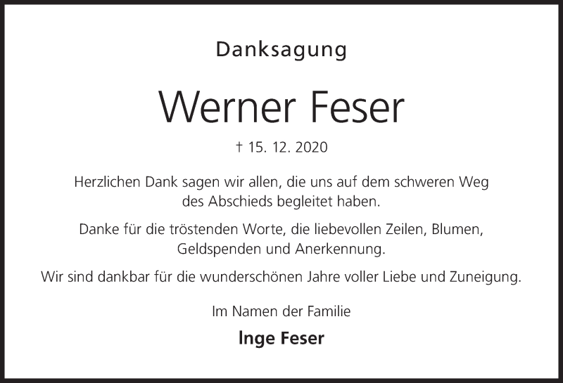  Traueranzeige für Werner Feser vom 09.01.2021 aus MGO