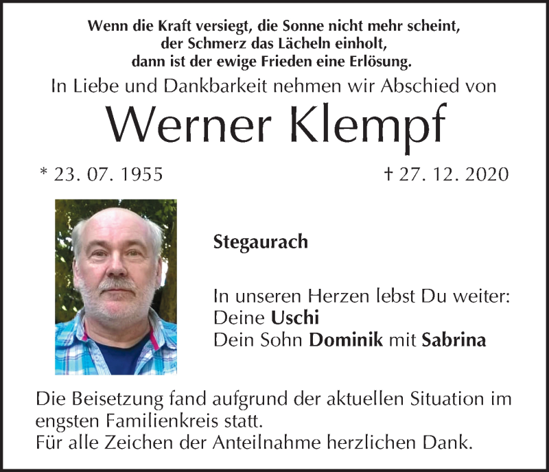  Traueranzeige für Werner Klempf vom 05.01.2021 aus MGO