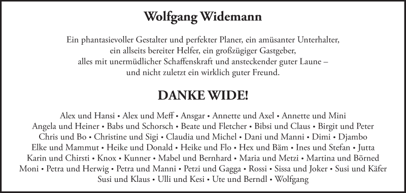  Traueranzeige für Wolfgang Widemann vom 16.01.2021 aus MGO
