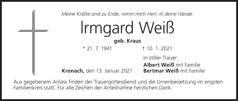  Traueranzeige für lrmgard Weiß vom 13.01.2021 aus MGO