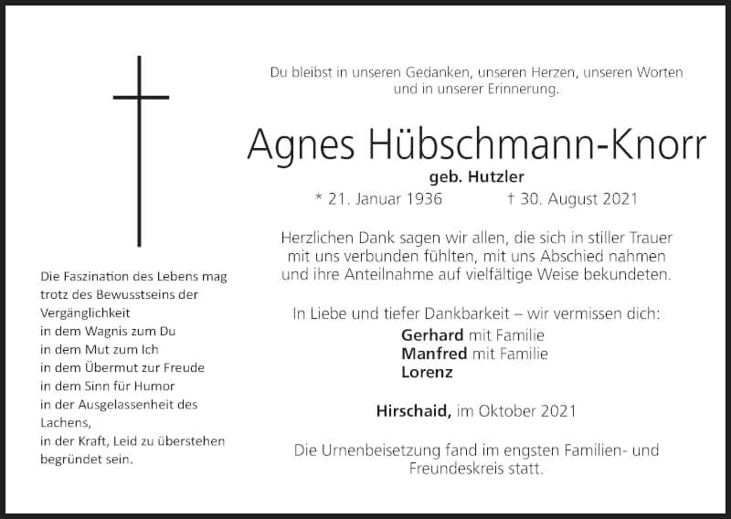  Traueranzeige für Agnes Hübschmann-Knorr vom 02.10.2021 aus MGO