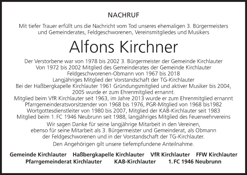  Traueranzeige für Alfons Kirchner vom 30.10.2021 aus MGO