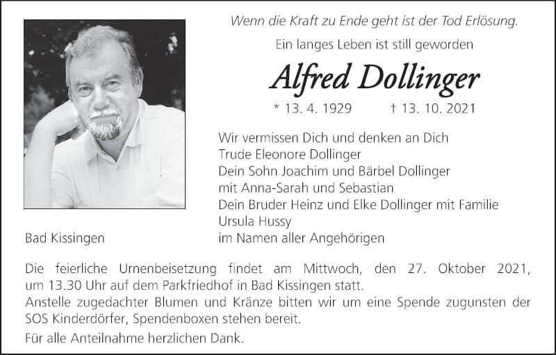  Traueranzeige für Alfred Dollinger vom 23.10.2021 aus MGO