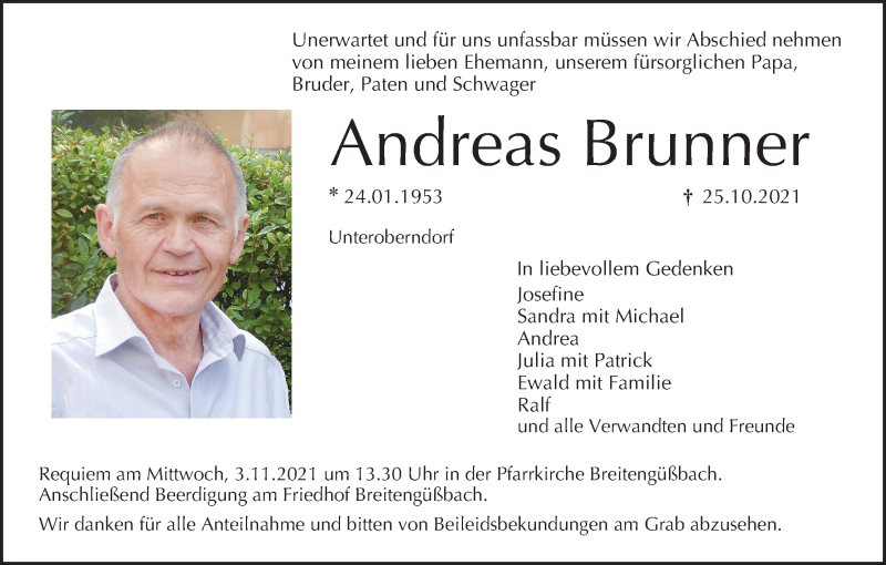  Traueranzeige für Andreas Brunner vom 30.10.2021 aus MGO