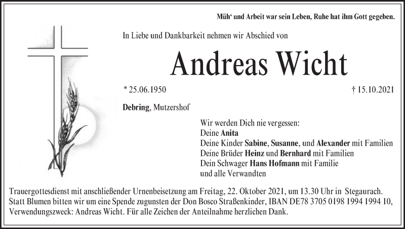  Traueranzeige für Andreas Wicht vom 19.10.2021 aus MGO