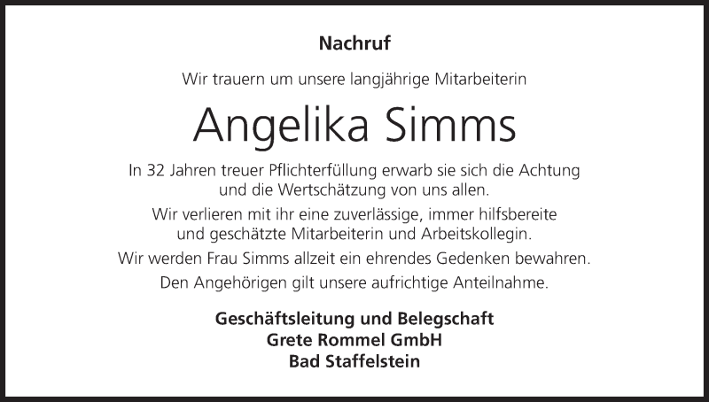  Traueranzeige für Angelika Simms vom 12.10.2021 aus MGO