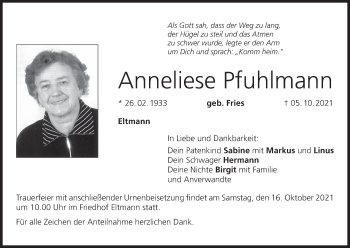 Anzeige von Anneliese Pfuhlmann von MGO