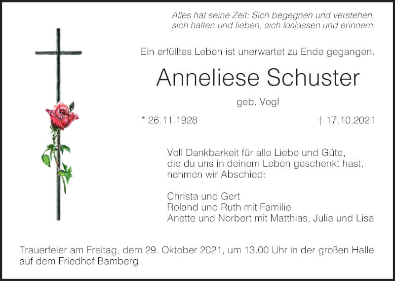  Traueranzeige für Anneliese Schuster vom 23.10.2021 aus MGO