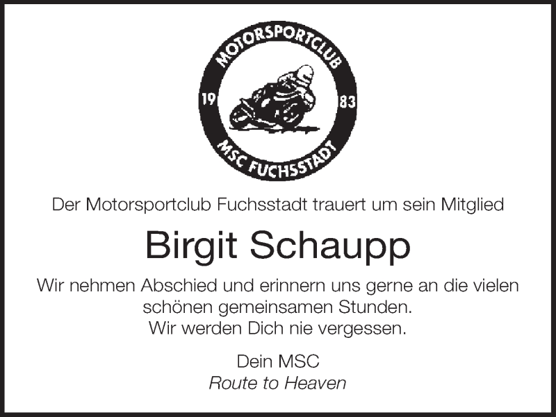  Traueranzeige für Birgit Schaupp vom 08.10.2021 aus MGO