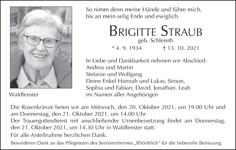  Traueranzeige für Brigitte Straub vom 16.10.2021 aus MGO