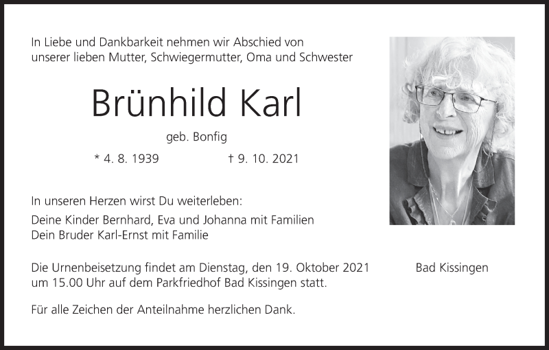  Traueranzeige für Brünhild Karl vom 16.10.2021 aus MGO