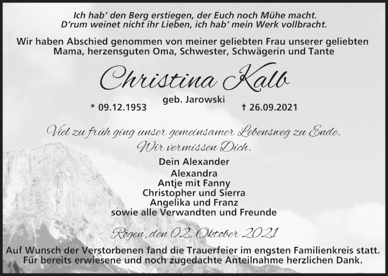  Traueranzeige für Christina Kalb vom 02.10.2021 aus MGO