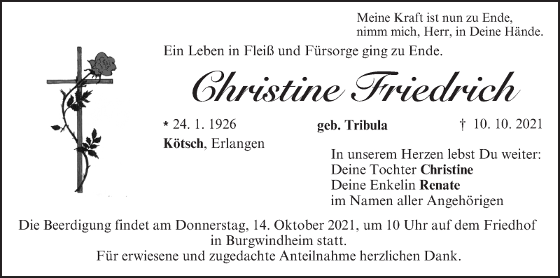  Traueranzeige für Christine Friedrich vom 12.10.2021 aus MGO