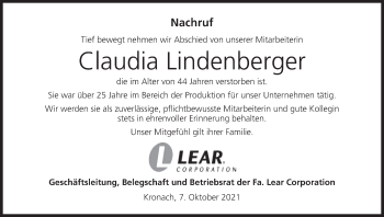 Anzeige von Claudia Lindenberger von MGO