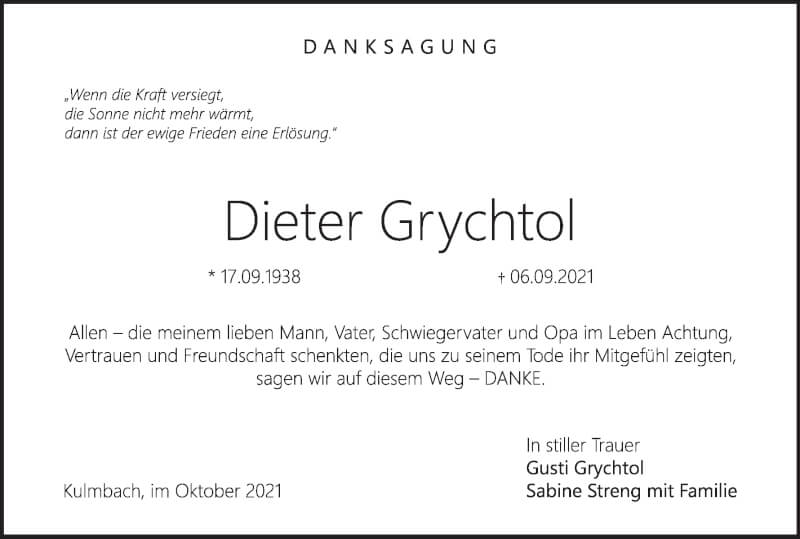  Traueranzeige für Dieter Grychtol vom 02.10.2021 aus MGO