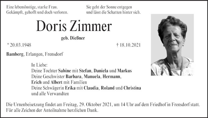  Traueranzeige für Doris Zimmer vom 23.10.2021 aus MGO