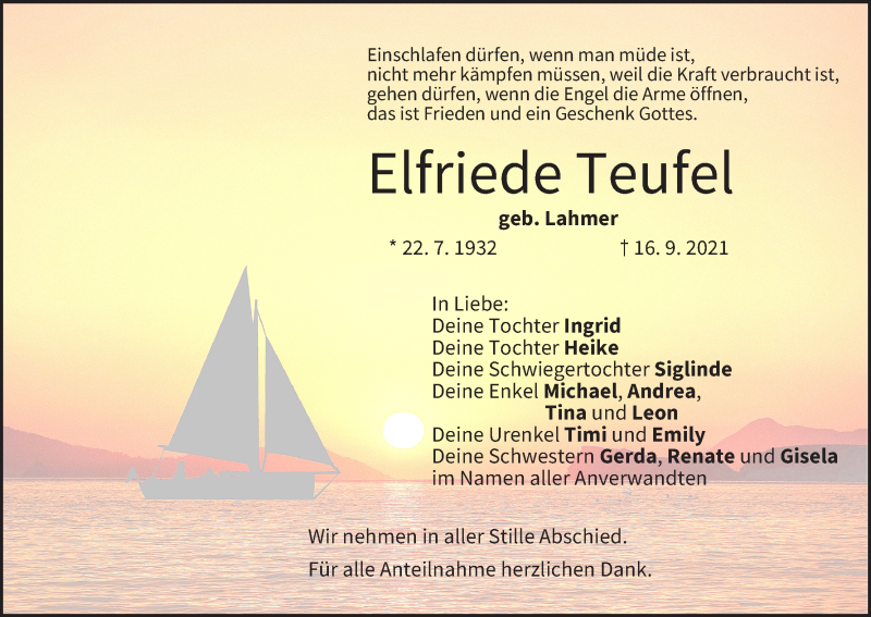  Traueranzeige für Elfriede Teufel vom 06.10.2021 aus MGO