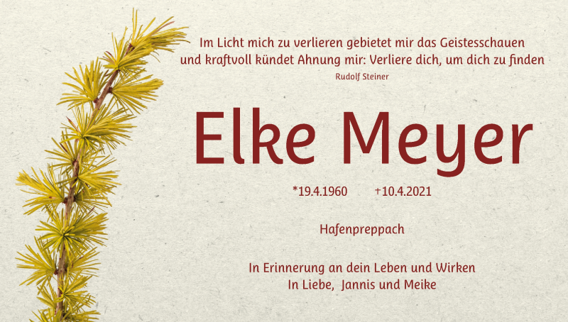  Traueranzeige für Elke Meyer vom 09.10.2021 aus MGO