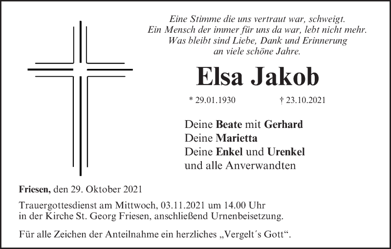  Traueranzeige für Elsa Jakob vom 29.10.2021 aus MGO