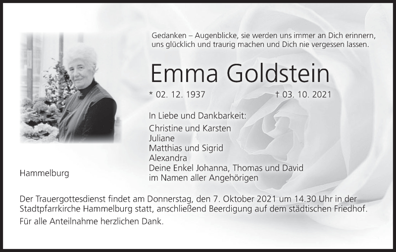  Traueranzeige für Emma Goldstein vom 06.10.2021 aus MGO