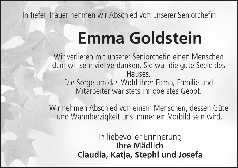  Traueranzeige für Emma Goldstein vom 06.10.2021 aus MGO